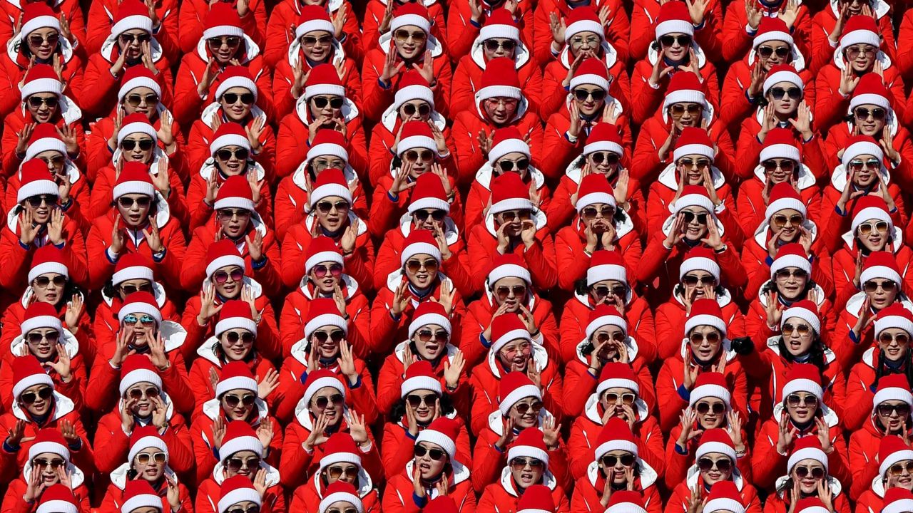 North Korean cheerleaders attend the men'ssSlalom at the Yongpyong Alpine Centre.