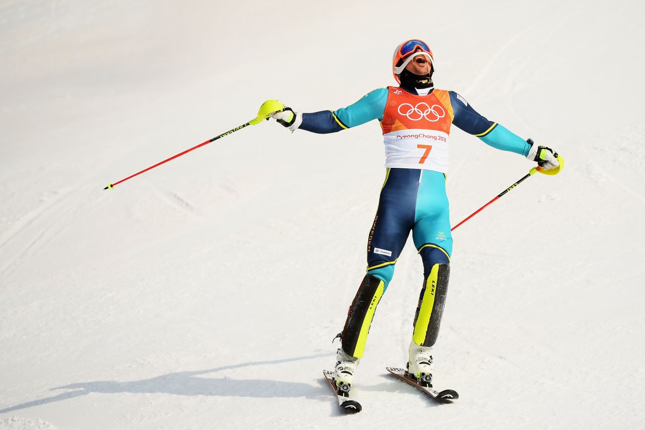 Sweden's Andre Myhrer clinched gold in the slalom, becoming the oldest Olympic medalist in this event, aged 35 -- improving on his slalom bronze in Vancouver eight years ago.