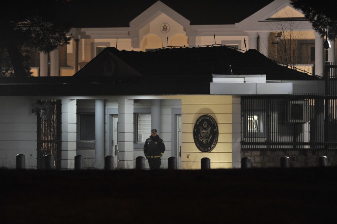Police guard the entrance to the US Embassy compound in Podgorica after Thursday's explosion.