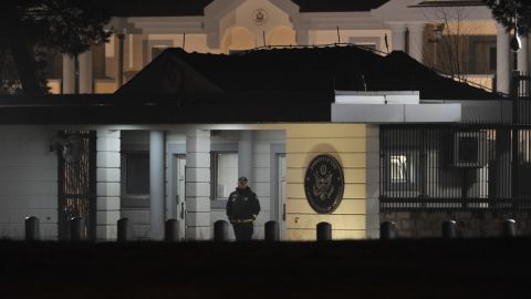 Police guard the entrance to the US Embassy compound in Podgorica after Thursday's explosion.