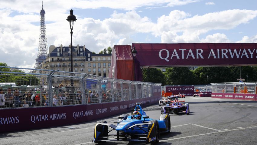 PARIS, FRANCE - MAY 20: In this handout image supplied by Formula E, Sebastien Buemi (SUI), Renault eDams, Spark-Renault, Renault ZE 16, leads Jose Maria Lopez (ARG), DS Virgin Racing, Spark-Citroen, Virgin DSV-0 during the FIA Formula E Championship Paris ePrix on May 20, 2017 in Paris, France. (Photo by Steven Tee/LAT Images / Formula E via Getty Images)