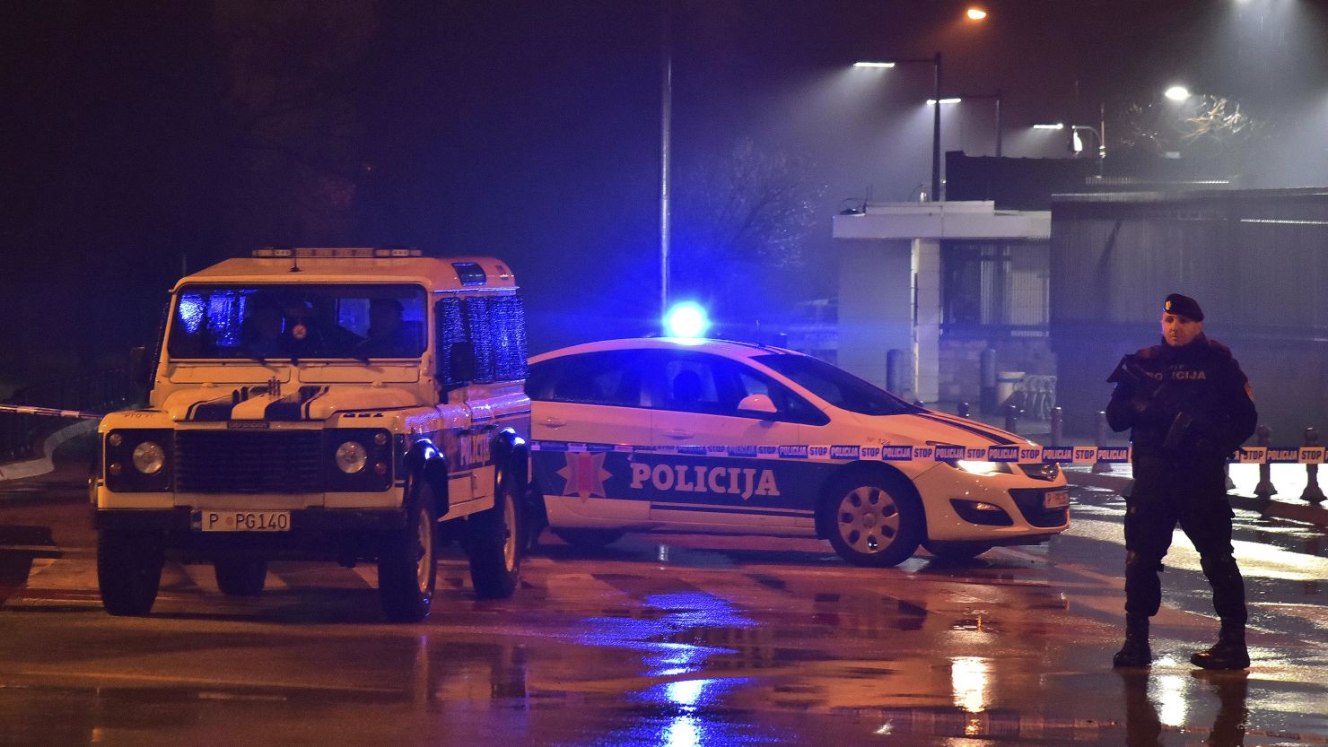 Police block off the area around the US Embassy in Montenegro's capital of Podgorica early Thursday.