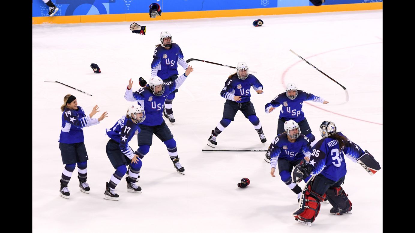 Team USA celebrates after <a href="http://www.cnn.com/interactive/2018/02/sport/winter-olympics-cnnphotos/index.html" target="_blank">winning a shootout</a> in the gold-medal hockey game against Canada on Thursday, February 22. It's the first time the American women have won the gold medal since 1998, when they also defeated Canada in the final. 