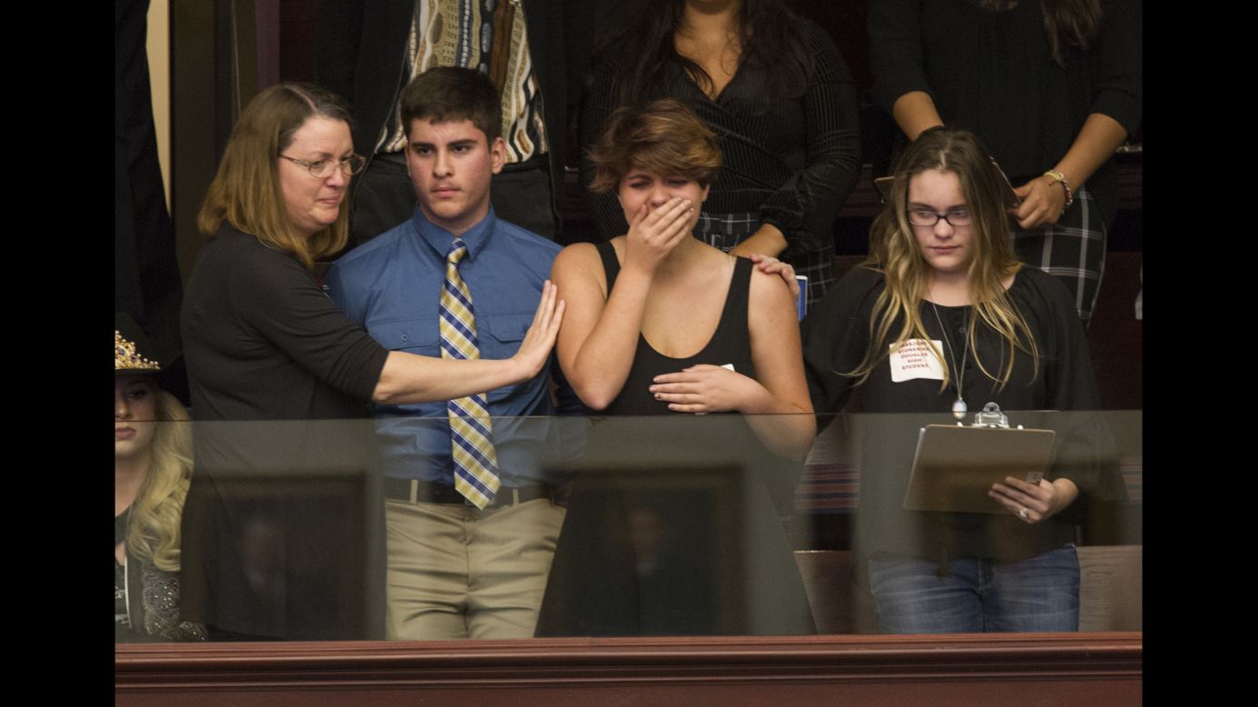 Sheryl Acquarola, a 16 year-old junior from Marjory Stoneman Douglas High School, reacts in the gallery of the House of Representatives in Tallahassee, Florida, after lawmakers <a href="https://www.cnn.com/2018/02/20/us/florida-legislature-weapons-ban/index.html" target="_blank">voted not to hear the bill</a> banning assault rifles and large capacity magazines on Tuesday, February 20. Students and teachers who survived the shooting at Stoneman Douglas <a href="https://www.cnn.com/2018/02/21/us/florida-school-shooting/index.html" target="_blank">traveled to Florida's capitol</a> to demand action from state lawmakers.