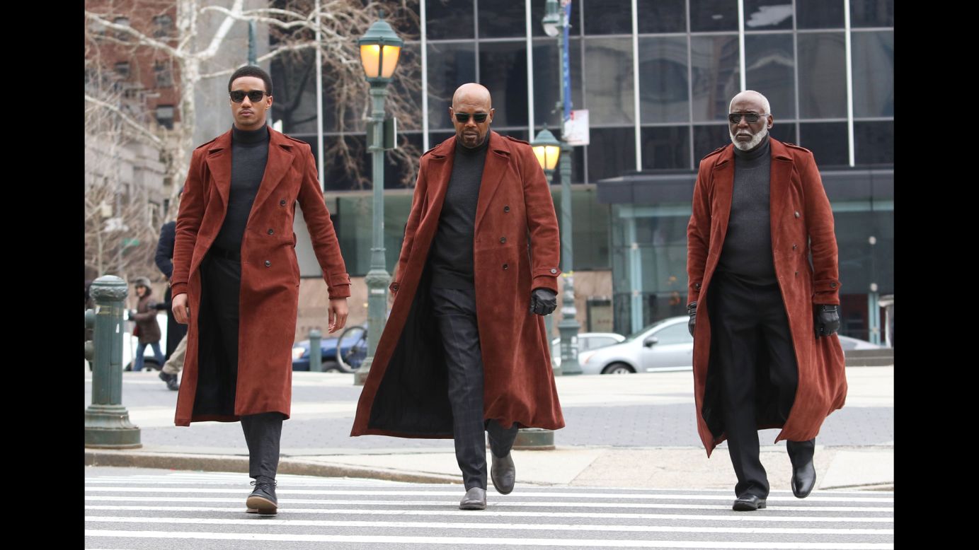 From left, Jessie T. Usher, Samuel L. Jackson and Richard Roundtree appear in matching outfits while filming their latest movie, "SHAFT" in New York City on Saturday, February 17.