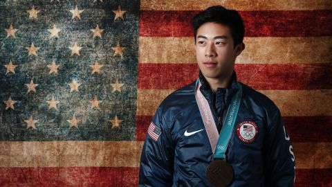 GANGNEUNG, SOUTH KOREA - FEBRUARY 17: (BROADCAST-OUT) United States Men's Figure Skater Nathan Chen poses for a portrait with his bronze medal in the team event on the Today Show Set on February 17, 2018 in Gangneung, South Korea. (Photo by Marianna Massey/Getty Images)