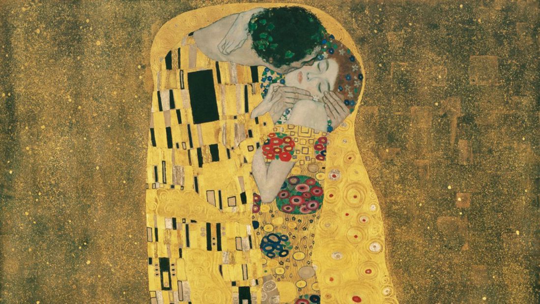 <strong>"The Kiss" by Gustav Klimt (1908)</strong> "The Kiss" is notable for its heavy use of gold foil. It was produced at the height of Klimt's so-called "Golden Period," and is one of the world's most famous paintings. Scroll through the gallery to view nine more artworks that inspire romance.