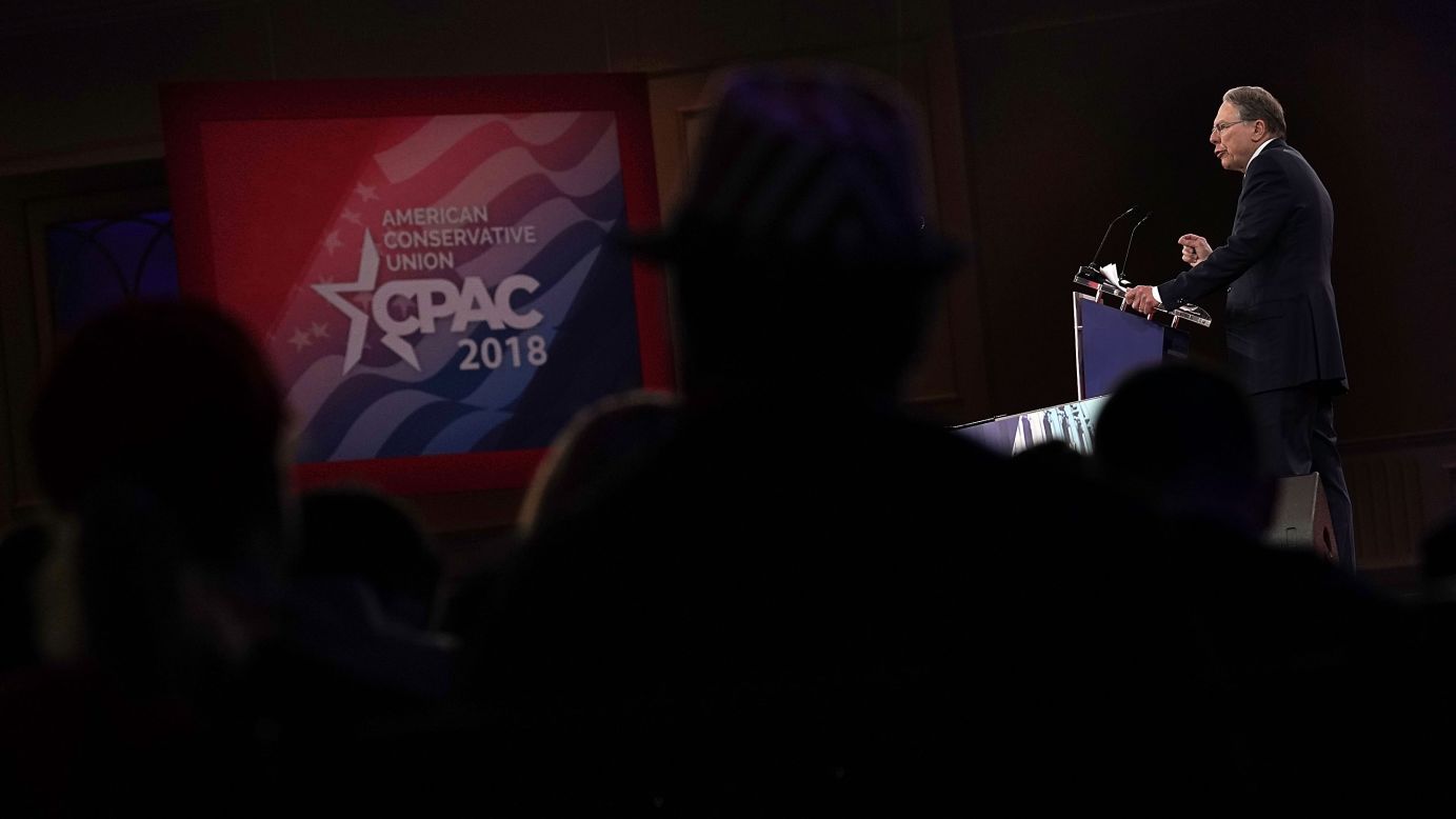 <a href="https://www.cnn.com/2018/02/22/politics/wayne-lapierre-cpac-speech-nra/index.html" target="_blank">Wayne LaPierre</a>, executive vice president of the National Rifle Association, speaks at the Conservative Political Action Conference on Thursday, February 22, in National Harbor, Maryland. A polarizing figure, LaPierre reiterated a frequently used NRA slogan at the end of his speech: "To stop a bad guy with a gun, it takes a good guy with a gun."