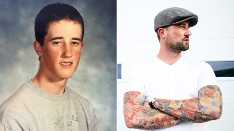 Austin Eubanks, as a student at Columbine High School in 1999 (on left) and now as COO of The Foundry Treatment Center (on right)