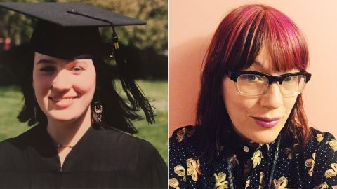 Kayte Terry, as a student at Simon's Rock in 1994 (on left) and now as an artist in Philadelphia (on right)