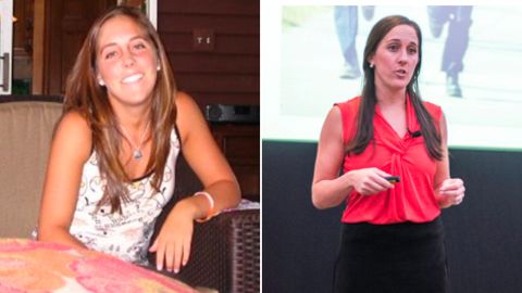 Lisa Hamp, as a student at Virginia Tech in 2007 (on left) and speaking to school resource officers about safety in 2017 (on right)