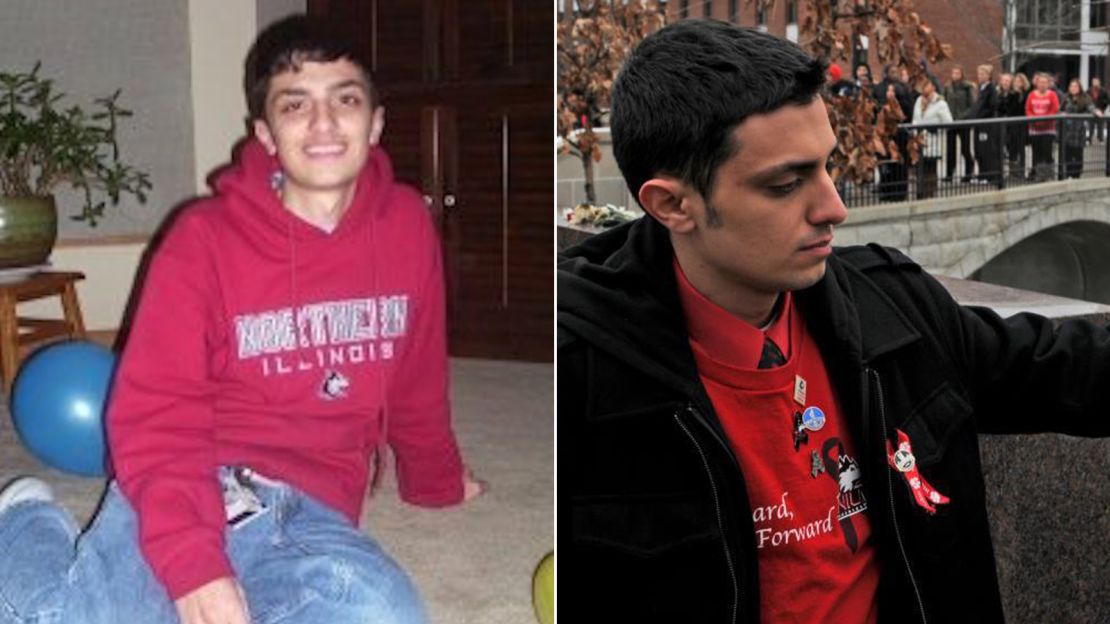 Patrick Korellis, as a student at NIU in 2008 (on left) and placing a rose on a victim's stone memorial at NIU last week, on the 10th anniversary of the shooting (on right)
