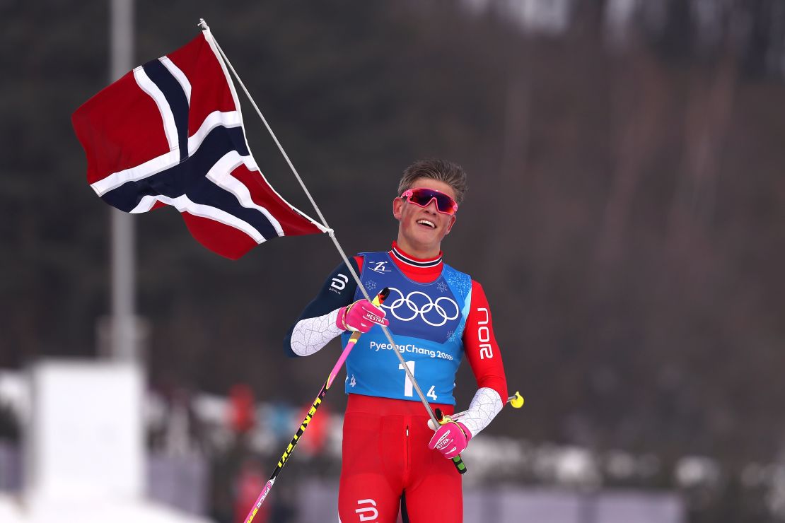 Johannes Hoesflot Klaebo  celebrates after Norway win men's 4x10km relay in Pyeongchang.