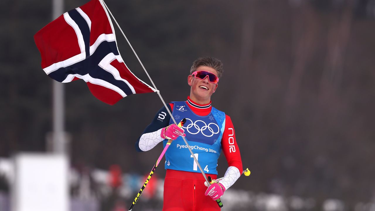 Johannes Hoesflot Klaebo  celebrates after Norway win men's 4x10km relay in Pyeongchang.