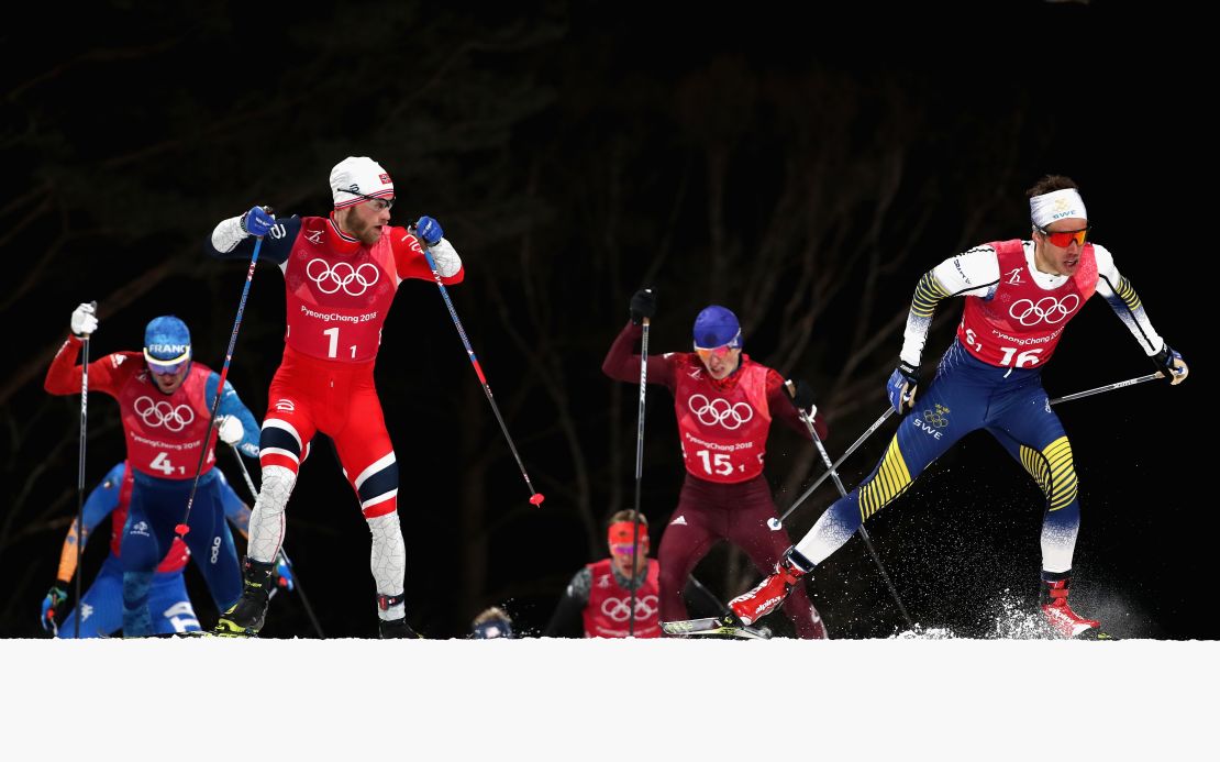  Martin Johnsrud Sundby of Norway (1-1) and Marcus Hellner of Sweden (16-1) compete during the Cross Country Men's Team Sprint Free Final.
