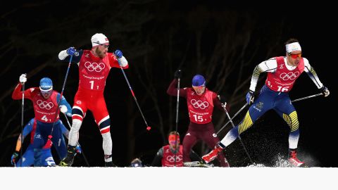Martin Johnsrud Sundby of Norway (1-1) and Marcus Hellner of Sweden (16-1) compete during the Cross Country Men's Team Sprint Free Final.