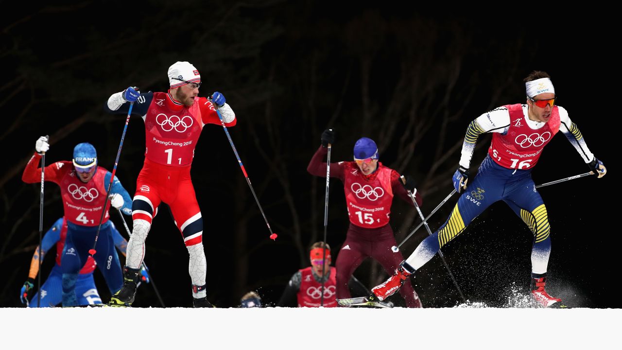 PYEONGCHANG-GUN, SOUTH KOREA - FEBRUARY 21:  Martin Johnsrud Sundby of Norway (1-1) and Marcus Hellner of Sweden (16-1) compete during the Cross Country Men's Team Sprint Free Final on day 12 of the PyeongChang 2018 Winter Olympic Games at Alpensia Cross-Country Centre on February 21, 2018 in Pyeongchang-gun, South Korea.  (Photo by Al Bello/Getty Images)