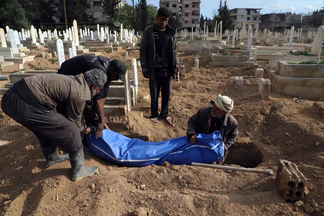 Syrians prepare to bury a body in Kafr Batna, in the besieged Eastern Ghouta region, on Thursday.