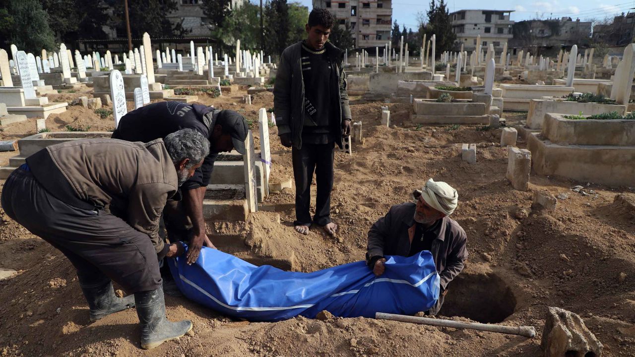 Syrians prepare to bury a body in Kafr Batna, in the besieged Eastern Ghouta region, on Thursday.