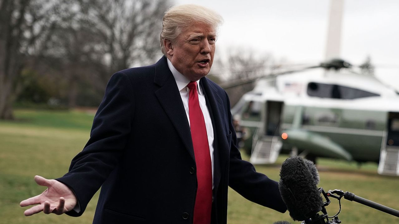 WASHINGTON, DC - FEBRUARY 23:  U.S. President Donald Trump speaks to members of the media prior to his departure from the South Lawn of the White House February 23, 2018 in Washington, DC. President will address the annual CPAC conference in National Harbor, Maryland. (Photo by Alex Wong/Getty Images)