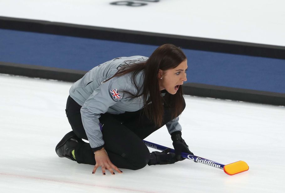 British curler Eve Muirhead competes against Sweden in the semifinals of women's curling.