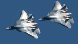 Sukhoi Su-57 jet multirole fighter aircraft in flight during an air display event as part of the 2017 Forsazh [Forsage] aviation festival marking the 105th anniversary of the establishment of the Russian Air Force in Patriot Park. Sergei Bobylev/TASS (Sergei Bobylev\TASS via Getty Images)