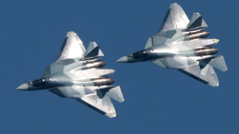 Sukhoi Su-57 jet multirole fighter aircraft in flight during an air display in 2017
