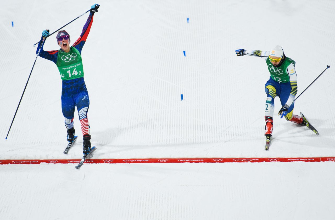 Jessica Diggins pipped her Swedish rival to claim the Olympic title in the cross country team sprint final on day 12. Along with her teammate Kikkan Randall, they will be the first American women ever to win gold medals in cross country skiing. 