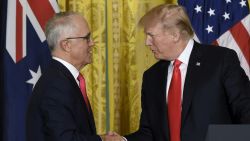 US President Donald Trump and Australian Prime Minister Malcolm Turnbull (L) shake hands durring a joint press conference in the East Room of the White House in Washington, DC, February 23, 2018.
