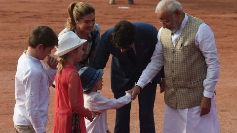 India's Prime Minister Narendra Modi meets Canada's Prime Minister Justin Trudeau's family at the Presidential Palace in New Delhi on February 23, 2018.