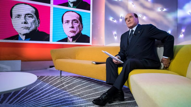 The political deal-maker, now 81, attends a La7 TV program in Rome in February 2018. Italy will hold general elections on March 4, and Berlusconi, as leader of the Forza Italia party, has brokered a right-wing alliance with the neo-fascist Brothers of Italy party and the anti-immigrant Northern League.