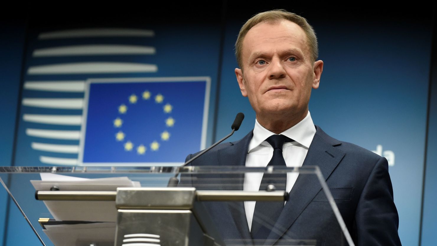 European Council Council Donald Tusk holds a joint press conference with the European Commission President on February 23, 2018. (JOHN THYS/AFP/Getty Images)