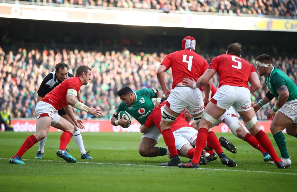 Bundee Aki of Ireland scores a first half try during his side's thrilling victory over Wales at the Aviva Stadium in Dublin. 