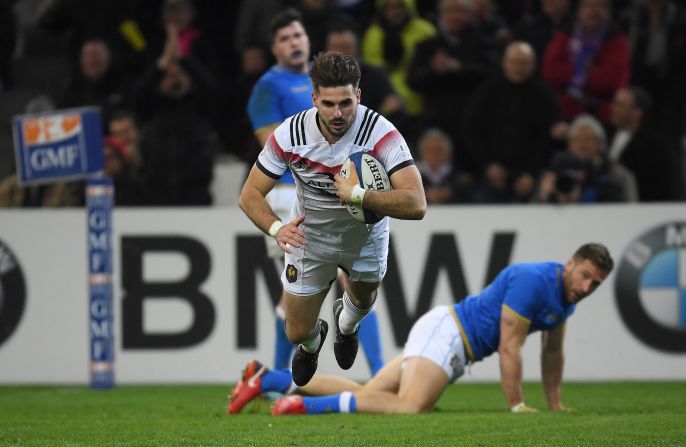 Hugo Bonneval of France scores a second half try on the way to his side's comprehensive victory over Italy in Marseille.