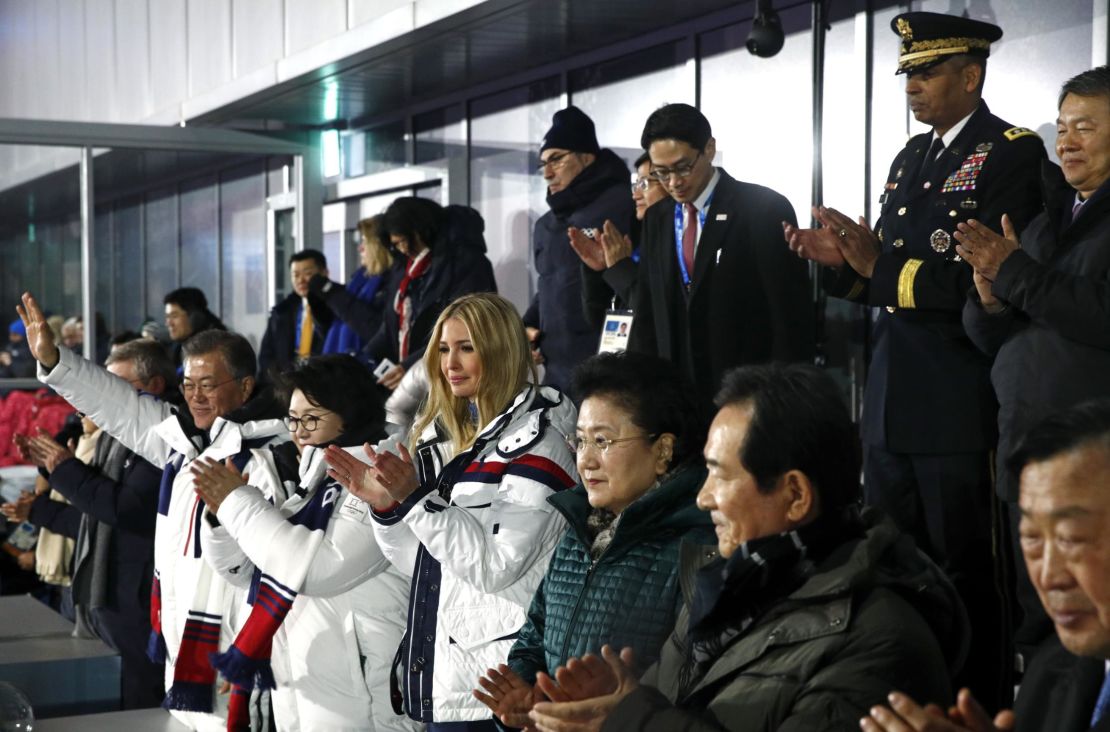 South Korean President Moon Jae-in, first lady Kim Jung-sook and Ivanka Trump applaud as athletes from North and South Korea walk together during the closing ceremony of the 2018 Winter Olympics