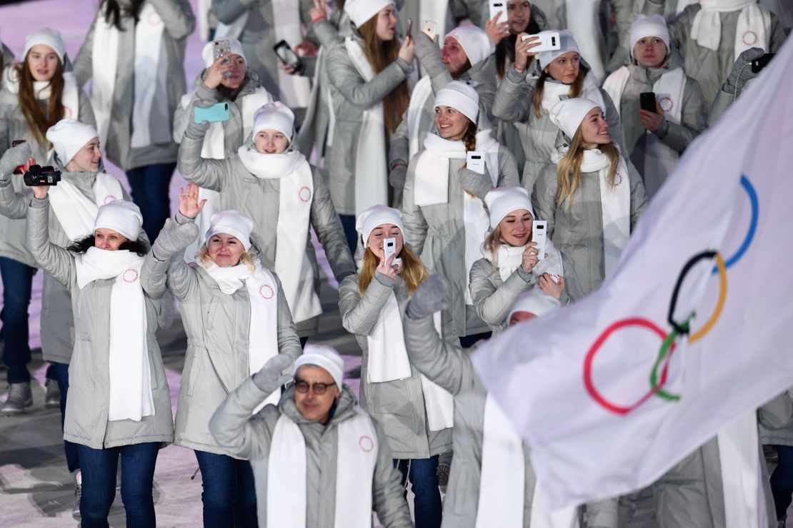 The Olympic Athletes from Russia team parade during the opening ceremony of the Pyeongchang 2018 Winter Olympic Games.