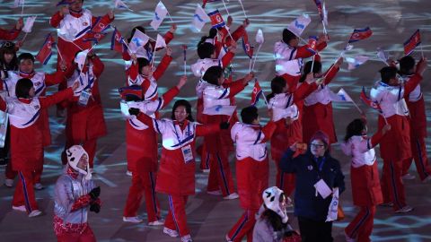 The unified Korean team enter the stadium.