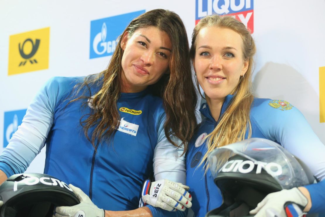 Nadezhda Sergeeva (R) and Anastasia Kocherzhova of Russia at the BMW IBSF World Cup Women`s Bobsleigh World Cup on January 19, 2018.