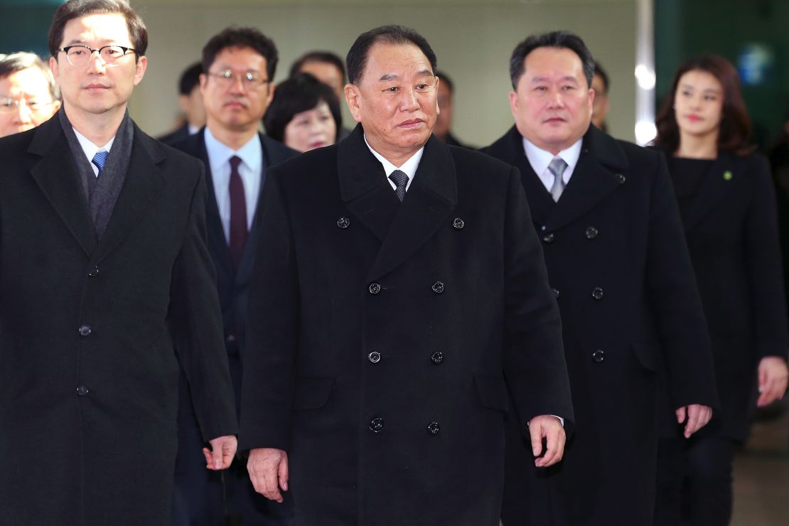 Kim Yong Chol (C), who leads a North Korean high-level delegation to attend the Pyeongchang 2018 Winter Olympic Games closing ceremony.