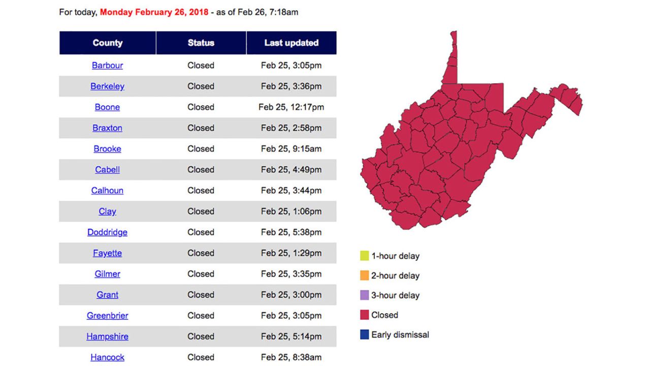 West Virginia school closings map