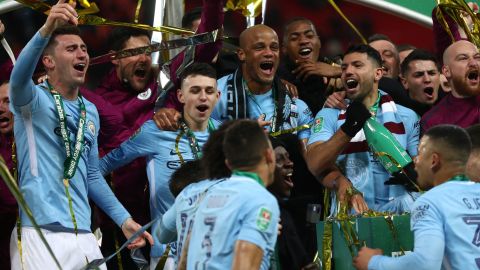 Manchester City celebrate after winning the Carabao Cup Final 3-0 against Arsenal at Wembley Stadium.