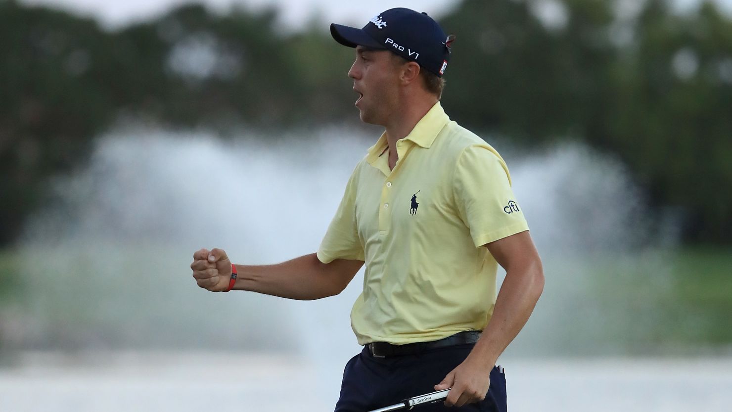 Justin Thomas celebrates winning the Honda Classic in Florida Sunday.