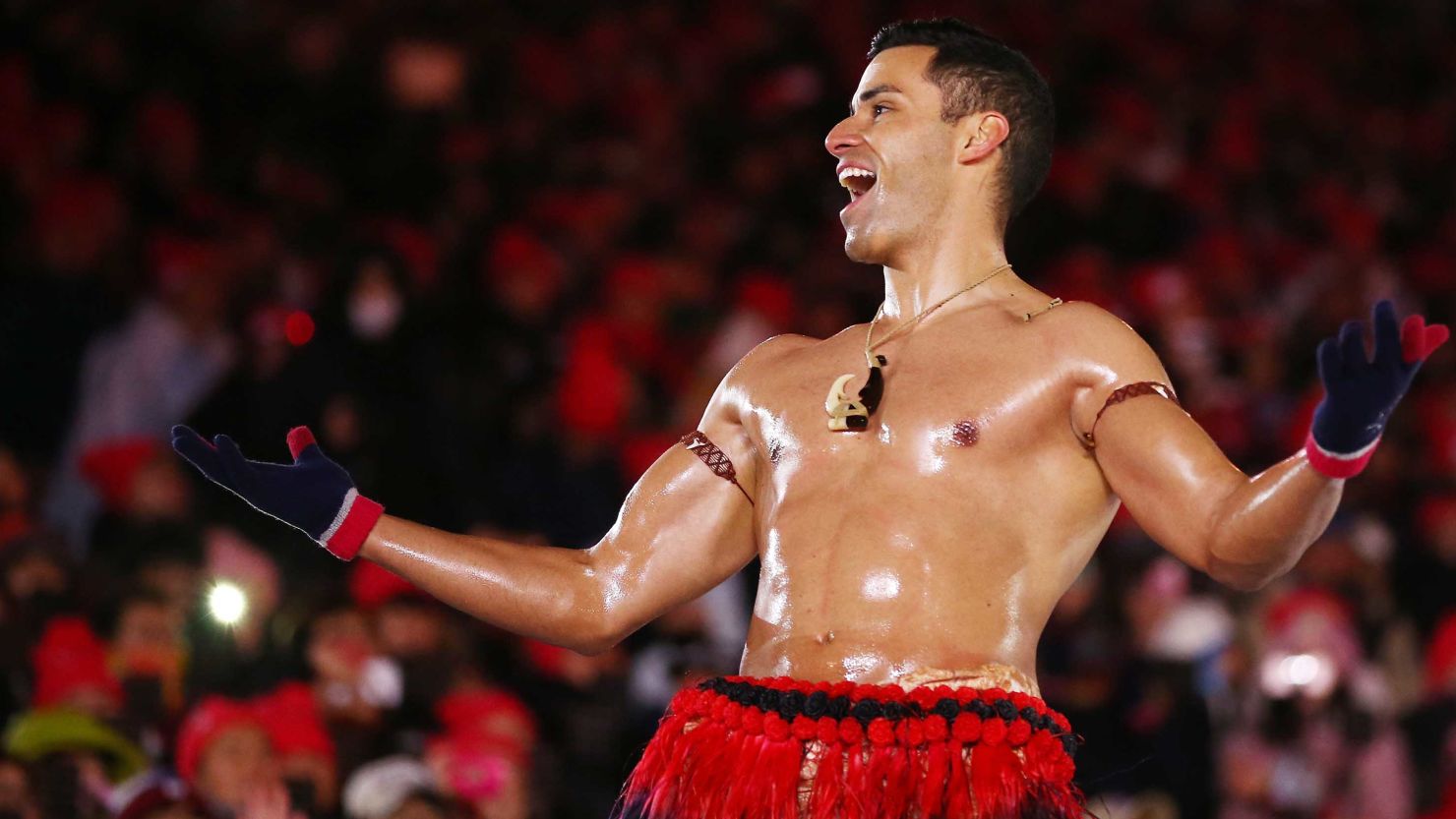 Pita Taufatofua on stage during the closing ceremony of the PyeongChang 2018 Winter Olympics.