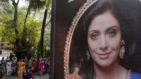 A picture of Sridevi hangs outside her home in Mumbai on Monday.