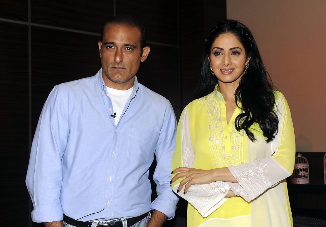 Indian Bollywood actors Akshaye Khanna (L) and Sridevi attend a promotional event for the film "Mom in Mumbai" on June 20, 2017.