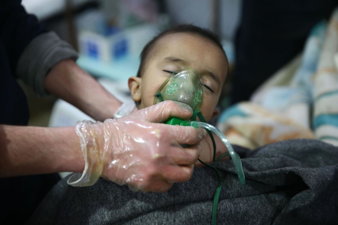 A child is given treatment for what the Syrian American Medical Society described as exposure to chemical compounds.