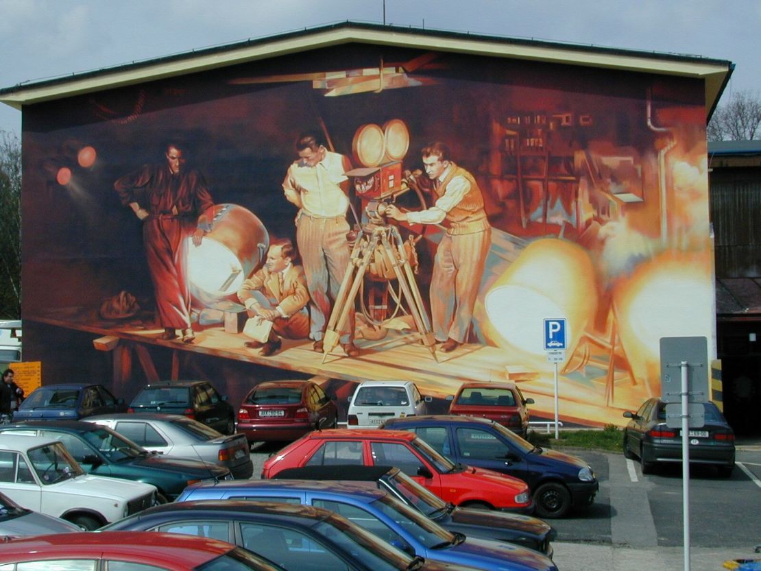 This Barrandov Studio soundstage mural depicts Czech director Josef-Kodlíček with his crew from a 1931 shoot.