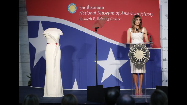 Trump speaks at an October ceremony after <a href="index.php?page=&url=https%3A%2F%2Fwww.cnn.com%2F2017%2F10%2F18%2Fpolitics%2Fmelania-trump-gown-smithsonian%2Findex.html" target="_blank">donating her inaugural gown</a> to the National Museum of American History. It will be part of the museum's First Ladies Collection.