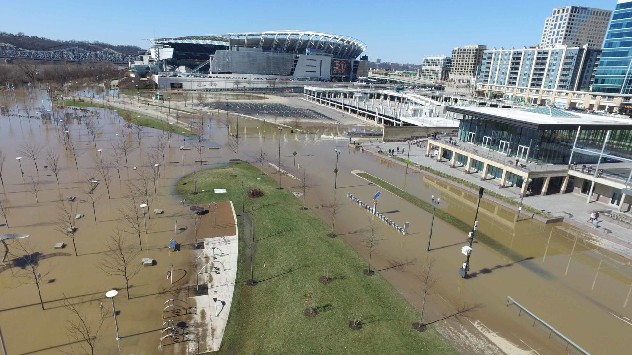 The swollen Ohio River near Paul Brown Stadium in Cincinnati on February 26.