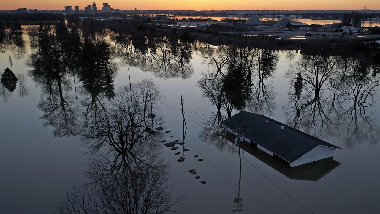 This drone photograph shows a structure submerged by floodwaters in Louisville.